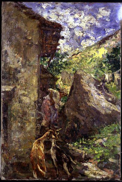 Leonardo Bazzaro Young Woman with Goats near Rustic Dwelling France oil painting art